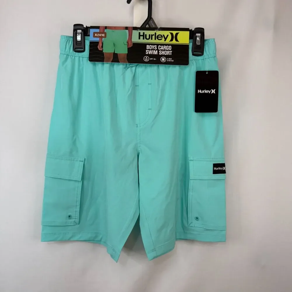 Size XL 14/16 Hurley Boys Cargo Swim Shorts NWT UPF 50+ Stretch Aurora Green